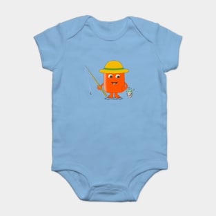 Cute fisherman with a fishing rod and a bucket of fish Baby Bodysuit